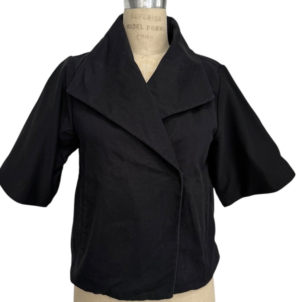 Izzue Black Denim Jacket with Mesh Short Sleeves Size S Wide Lapel Snap Front